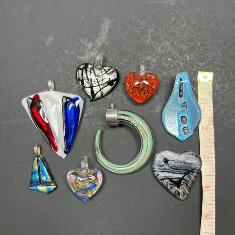 Lot of 7 Art Glass Pendants Abstract Shapes Multicolor Hearts