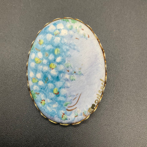 Vintage Hand Painted Porcelain Floral Brooch Lot 2 Pink Rose Blue Flower Signed