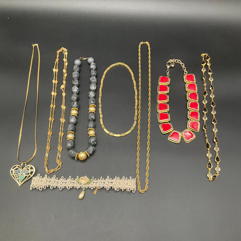 Vintage Gold Tone Jewelry Necklace Lot of 8 Enamel Heart Rope Chain Choker