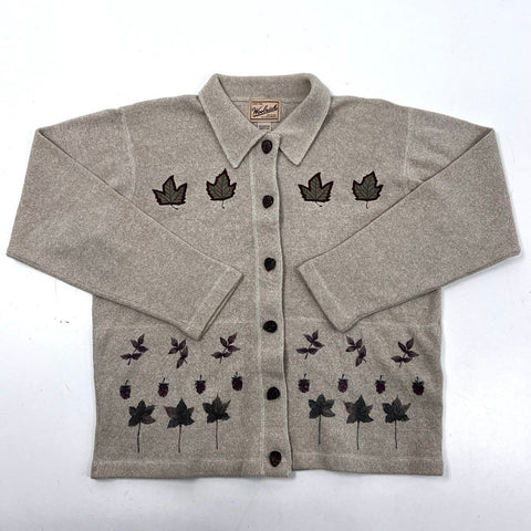 Vintage 90s Woolrich Women's Khaki Leaf Embroidery Cardigan Sweater Sz M
