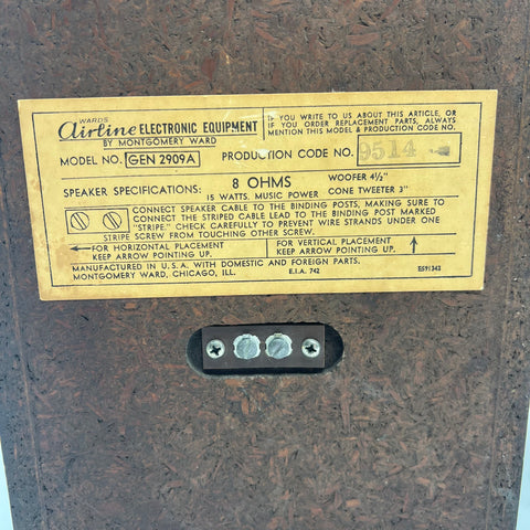 Vintage Airline GEN 2909A Bookshelf Speakers Pair 8 Ohm 15W Montgomery Ward