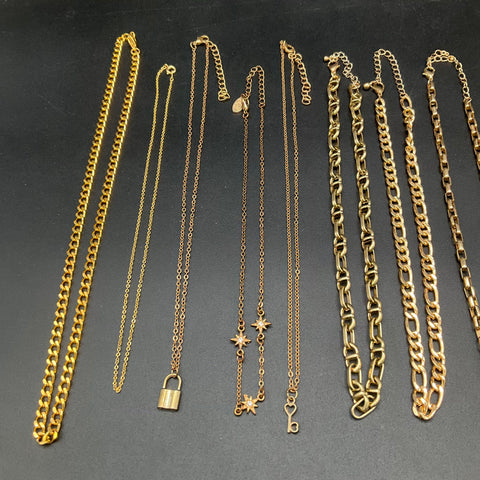 Gold Tone Necklace Lot of 14 Curb Herringbone Snake Chains Mixed Styles
