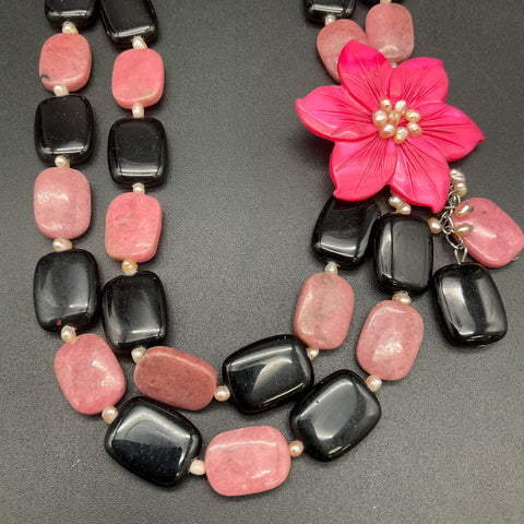 Double Strand Rhodonite Onyx Stone Pearl Carved Flower Statement Necklace