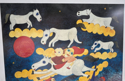 "Les Chevaux de la Liberte" Framed Art Print Signed Chan 1989 Surrealist 19x25