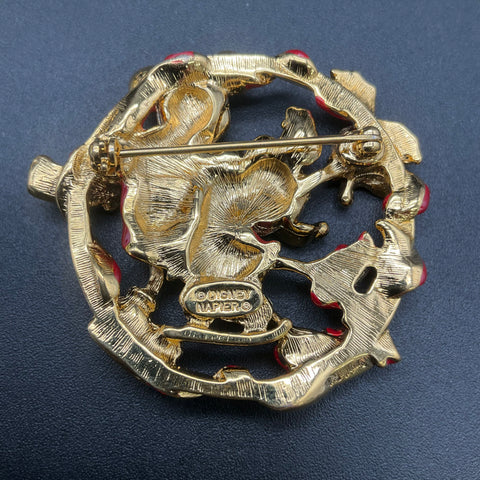 Vintage Napier Disney Mickey Minnie Mouse Skating Wreath Brooch Gold Tone