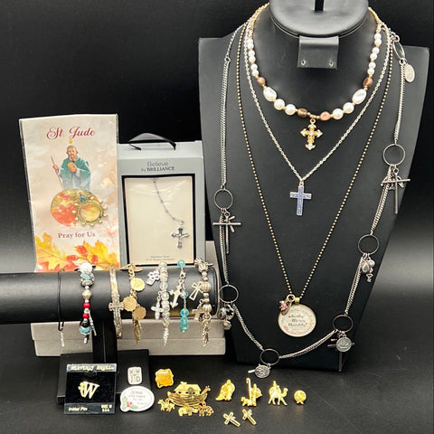 Religious Christian Costume Jewelry Lot 22pc Necklaces Bracelets Pins Earrings