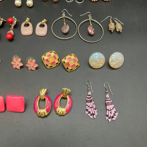Vintage & Modern Costume Jewelry Lot 19 Pairs Earrings Pink Red White Retro