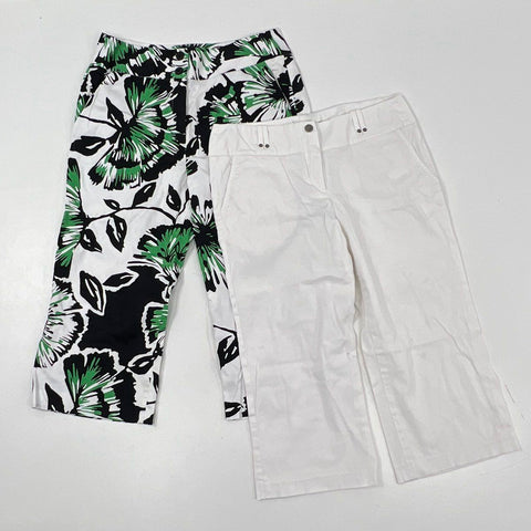 Sandro Women's Cropped Pants Capris White Floral Black Green Stretch Size 10