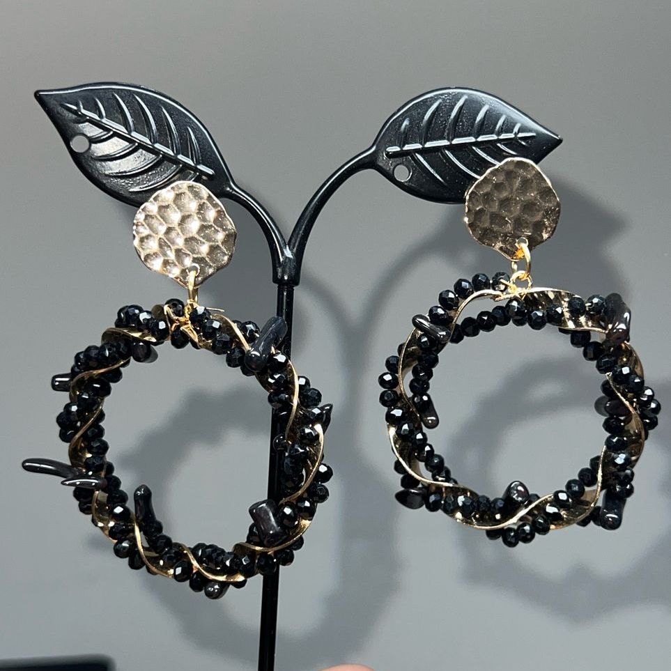 Black Glass Black Coral Beaded Dangle Hoop Earrings NIB