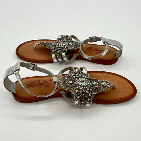 Naughty Monkey Silver Rhinestone Medallion Strappy Thong Sandals Size 8.5