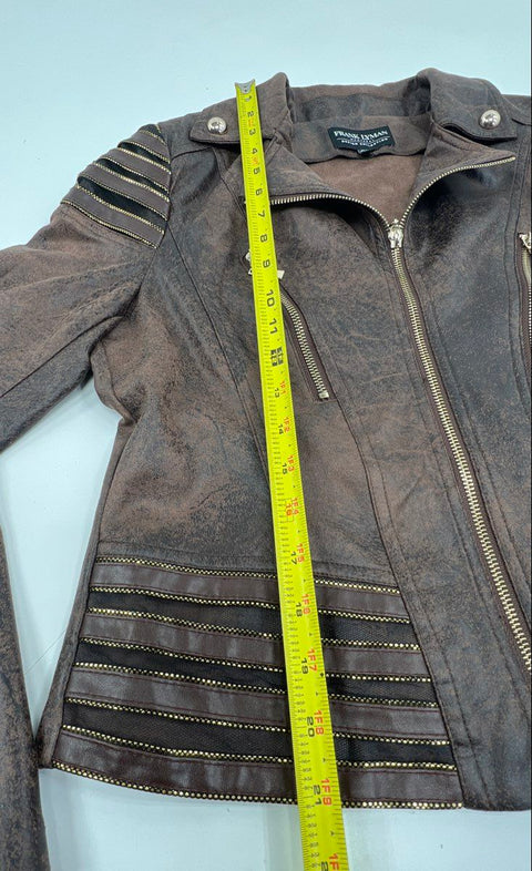 Frank Lyman Women's Brown Distressed Faux Suede Moto Jacket Gold Studs Size M