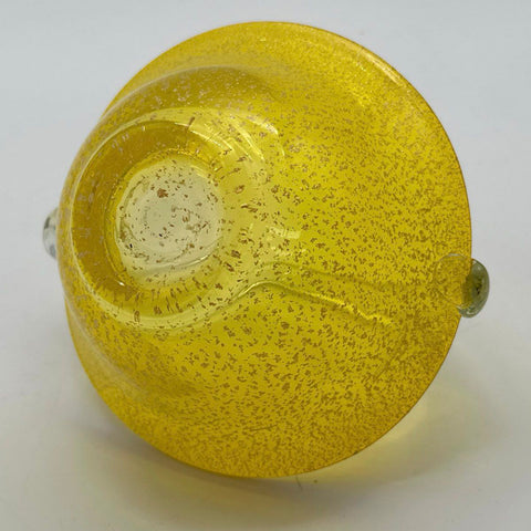 Art Glass Yellow Gold Fleck Basket Bowl Clear Applied Handle 5.5" Vintage