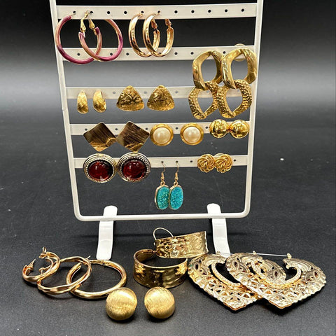 Gold Tone Costume Jewelry Lot 16 Pairs Earrings Hoops Studs Dangles Mixed Style
