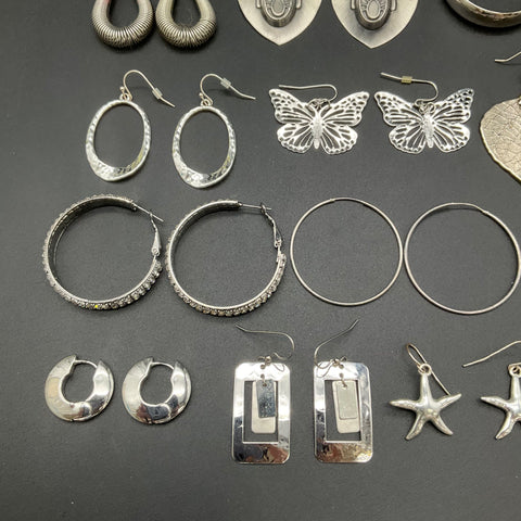 Vintage & Modern Costume Jewelry Lot 22 Pairs Earrings Hoops Dangles Silver Tone