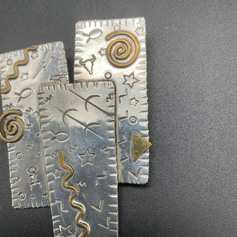 Vintage Q Miller Mixed Metal Southwestern Modernist Stamped Symbols Brooch Pin