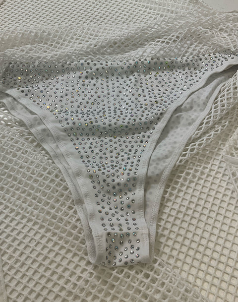 12th Tribe White Fishnet High Slit Rave Festival Skirt Rhinestone Panty Size L