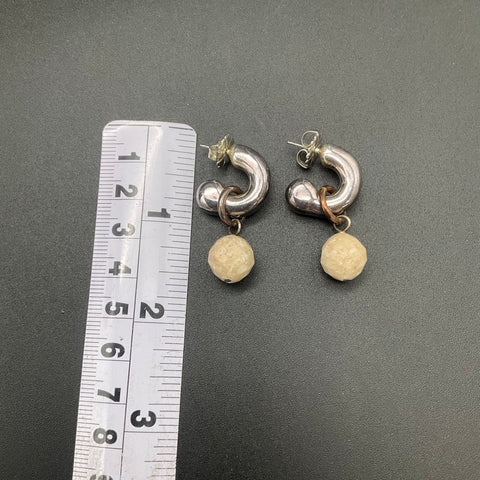 Faceted Cream Stone Jewelry Set Toggle Necklace and Drop Hoop Earrings Suite