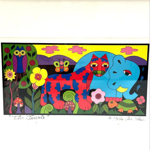 Holly Sue Foss Signed Print "The Jungle" Whimsical Animals Framed Folk Art