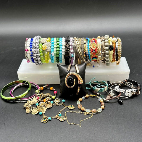 Boho Eclectic Fashion Jewelry Lot 40+ Bracelets Beaded Bangle Cuff Skull