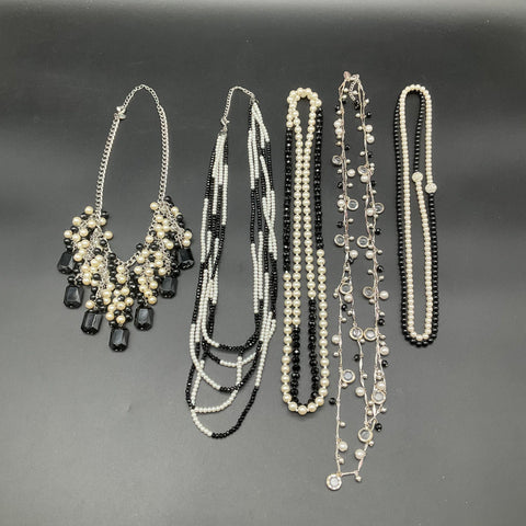 Black White Faux Pearl Jewelry Lot of 5 Multi-Strand & Statement Necklaces