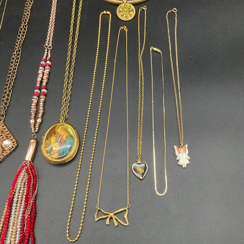 Vintage Costume Jewelry Lot of 11 Necklaces Gold Tone Beaded Tassel Locket