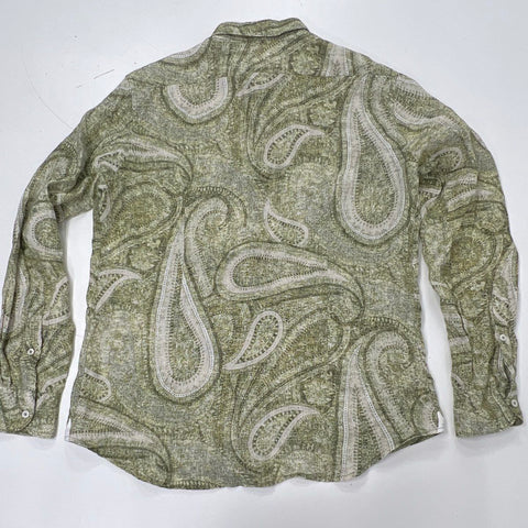 Fradi Men's Green Paisley Linen Long Sleeve Button Up Shirt Italy Sz 16.5