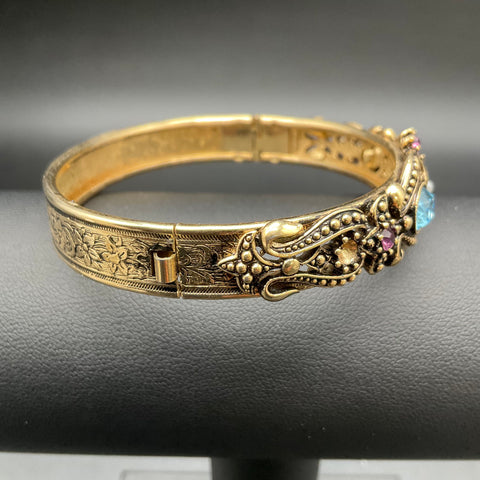 Vintage Avon Victorian Revival Gold Tone Bangle Bracelet Blue Purple Stones