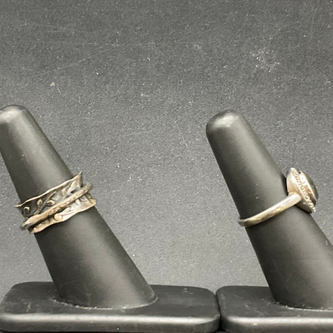 Sterling Silver 925 Spinner Leaf Ring & Iridescent Stone Boho Ring Set Size 6