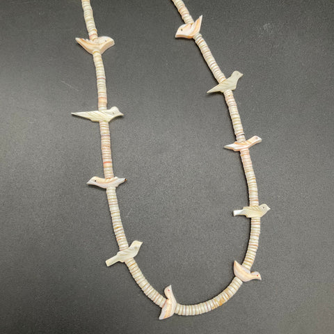 Vintage Southwestern Style Carved Shell Bird Fetish Heishi Bead Necklace 26"