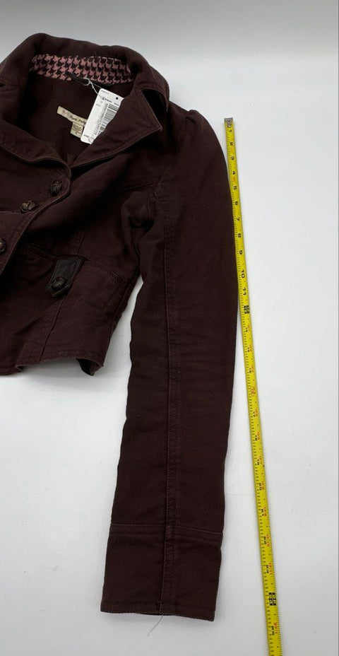 Free People Women's Brown Cotton Button Up Cropped Jacket Leather-Look NWT Sz 0
