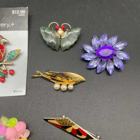 Vintage and Modern Costume Jewelry Brooch Pin Lot of 12 Rhinestone Floral Bird