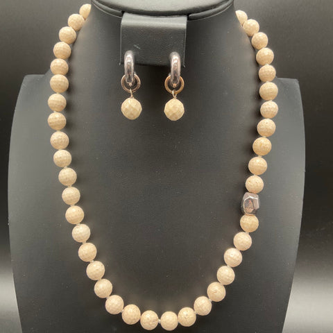 Faceted Cream Stone Jewelry Set Toggle Necklace and Drop Hoop Earrings Suite