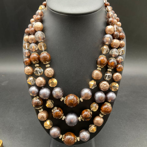 Vintage 1950s-60s Vendome 3-Strand Beaded Necklace Brown Grey Earth Tones