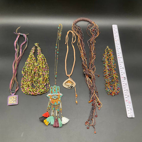 Boho Beaded Statement Necklace Lot of 6 Hamsa Hand Tassel Leather Stone Pendant