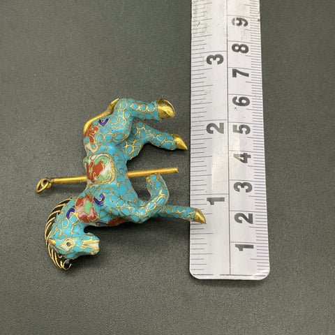 Vintage Cloisonne Enamel Carousel Horse Pendant Blue Gold Tone Jewelry 2.25"