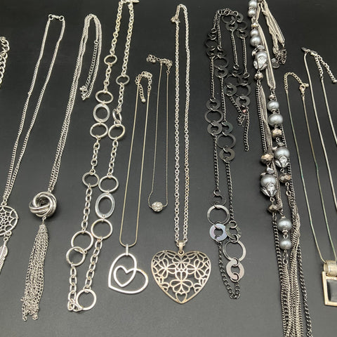 Silver Tone Fashion Jewelry Lot 13 Necklaces Heart Cross Dreamcatcher Tassel
