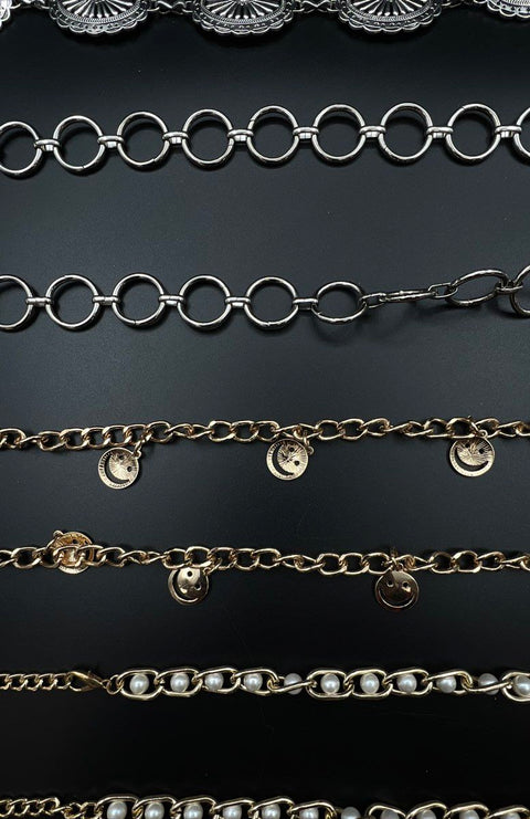 Vintage to Modern Costume Chain Belt Lot of 5 Concho Pearl Charm Mix 1.5 lbs