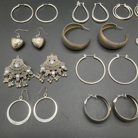 Silver Tone Fashion Jewelry Earring Lot 19 Pairs Hoops Dangles Butterfly Boho