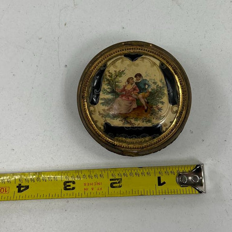 Antique Victorian Romantic Courting Scene Powder Compact Enamel Vanity Case