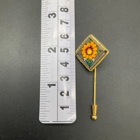 Vintage Italy Micro Mosaic Sunflower Stick Pin Gold Tone Floral Lapel Pin 2.5"