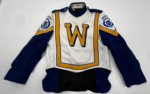 Vintage Marching Band Uniform Jacket Bib Trousers Set Blue White Gold Warriors