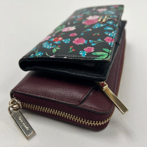 Kate Spade Burgundy Leather & Black Floral Print Wallets Lot of 2
