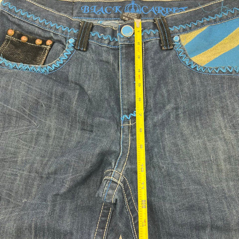 Vintage Y2K Black Carpet Blue Embroidered Crest Straight Leg Jeans Men's 36x32
