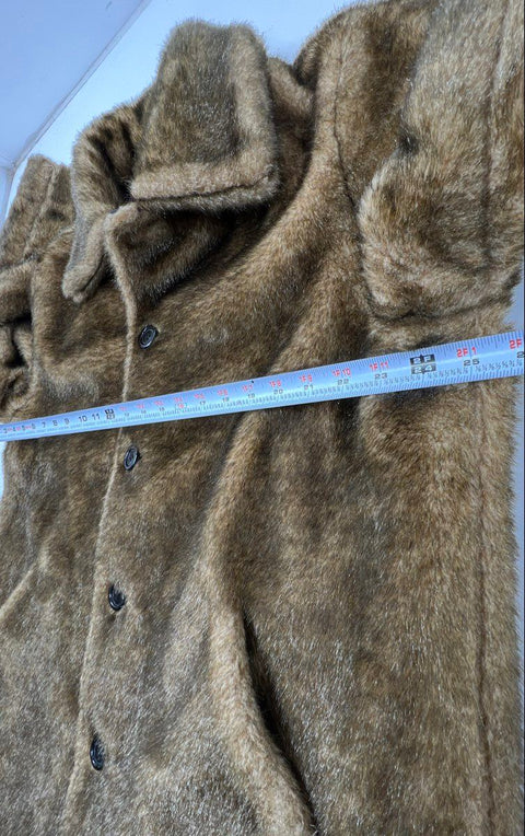 Charles Klein Women's Brown Faux Fur Coat Full Button Collared Plush Jacket Sz L