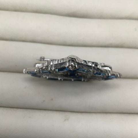 Vintage Bellini Silver Tone Blue Clear Rhinestone Geometric Lozenge Brooch 2"