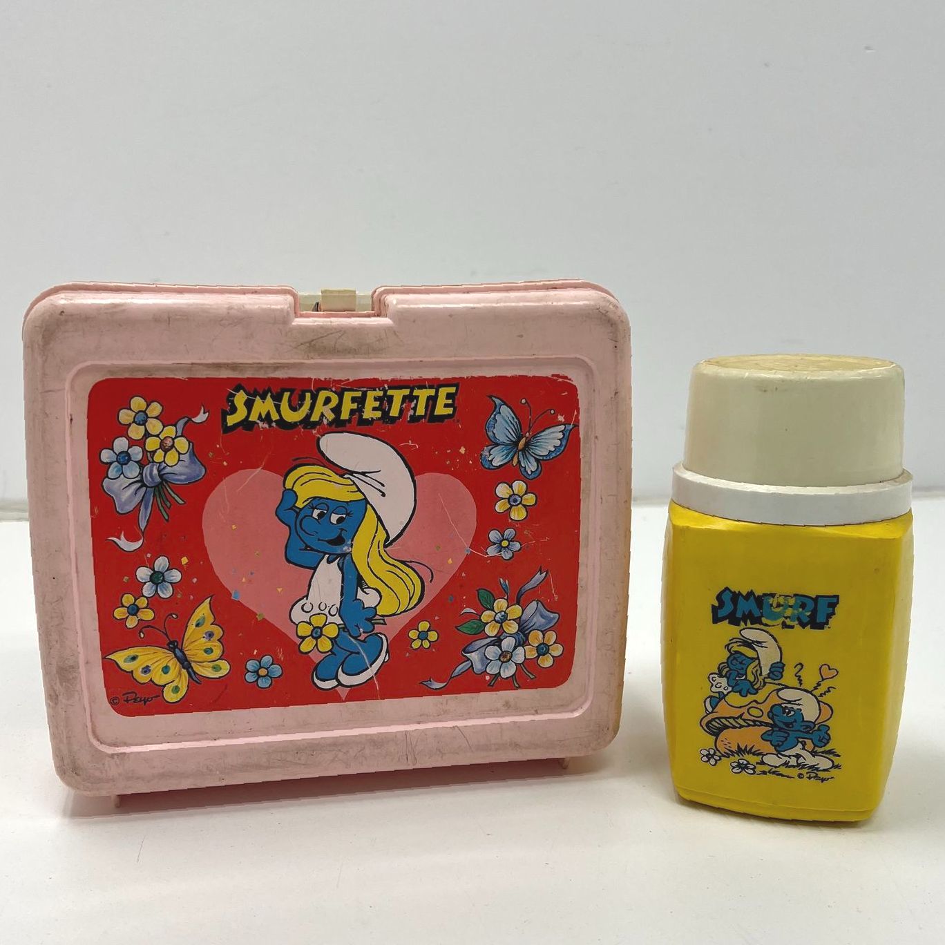 Vintage 80s Thermos Smurfette Pink Plastic Lunchbox with Yellow Smurf Thermos