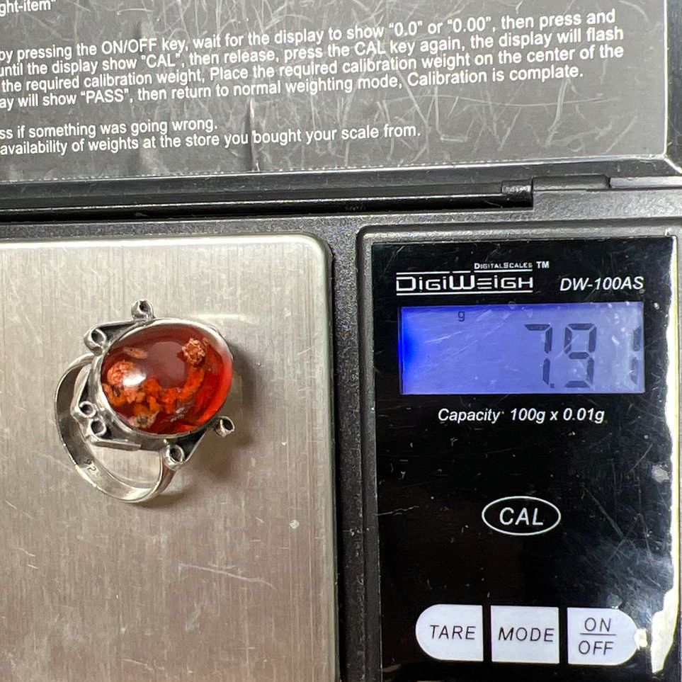 925 Sterling Silver Oval Orange Stone Ring Size 8.5