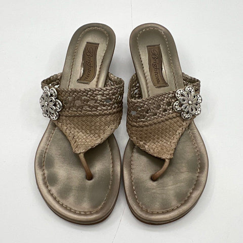 Brighton Lanai Woven Leather Flower Wedge Thong Sandals Pewter Size 8M