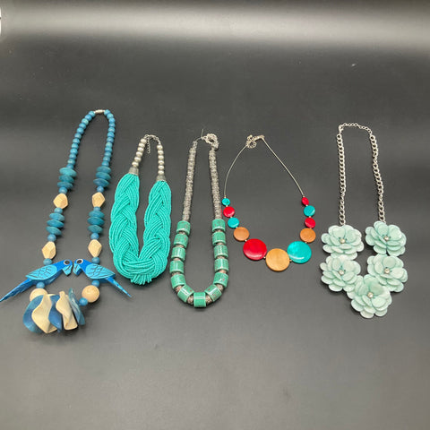 Statement Jewelry Lot 5 Necklaces Beaded Floral Bohemian Wood Ceramic Style