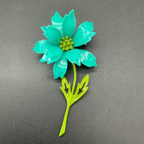 Vintage Mid-Century Enamel Flower Brooches Lot of 2 Red Poinsettia Teal Retro